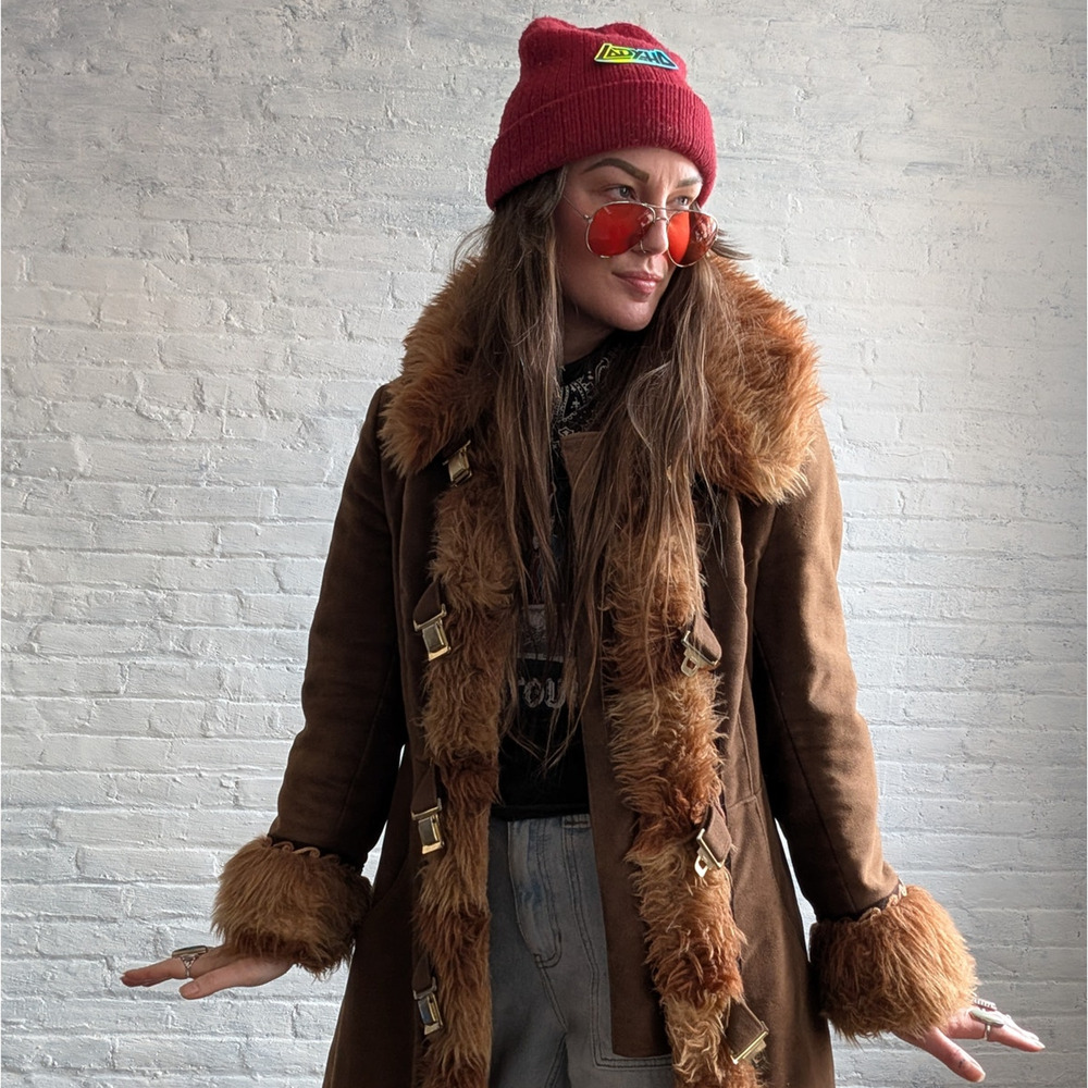 Vintage Leather Jacket Penny Lane Jacket Faux Fur Coat 70s Tapestry Trench Coat - Picture 14 of 16